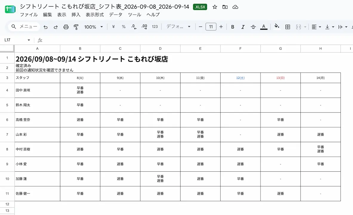 Google スプレッドシートで開いたシフト表。スタッフごとの勤務パターンが日付別に表示されています。